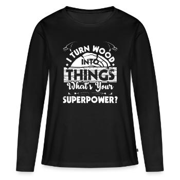 Je transforme le bois en choses - Menuisier Charpentier Voiture - T-shirt manches longues Premium bio Femme - noir - Devant - Julia (174cm)