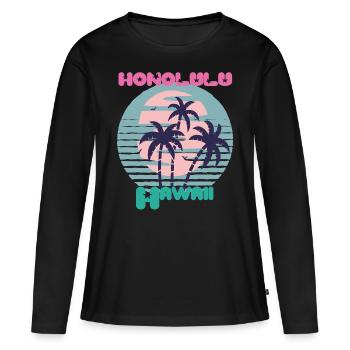 Palm Hawaii Honolulu Vacances Plage Océan - T-shirt manches longues Premium bio Femme - noir - Devant - Julia (174cm)