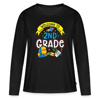 Bienvenue en deuxième classe Deuxième classe - T-shirt manches longues Premium bio Femme - noir - Devant - Julia (174cm)