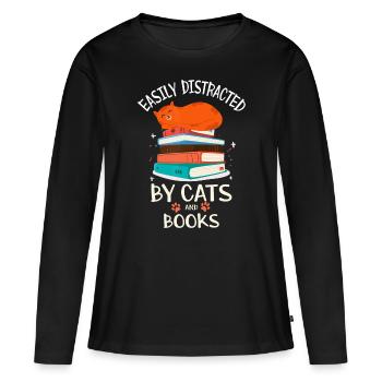 Easily Distracted By Cats And Books Cat Book Lover - Women's Premium Organic Long Sleeve Shirt - black - Front - Julia (174cm)