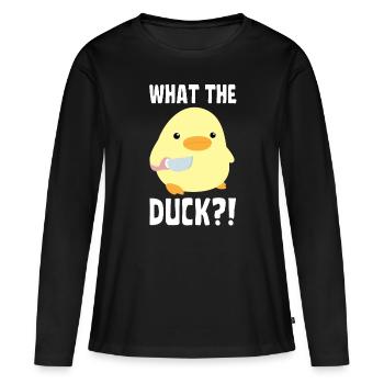 Qu’est-ce que le canard? Canard au couteau - Ente mit Messer - T-shirt manches longues Premium bio Femme - noir - Devant - Julia (174cm)