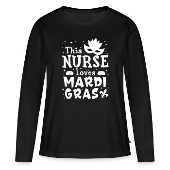 Infirmière Mardi Gras Scrub Top RN ICU PACU NICU ER CNA - T-shirt manches longues Premium bio Femme - noir - Devant - Julia (174cm)