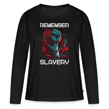Souvenez-vous de l’esclavage - Mois de l’histoire des Noirs Juneteenth - T-shirt manches longues Premium bio Femme - noir - Devant - Julia (174cm)