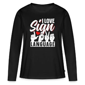 J’adore la sensibilisation aux signes en langue des signes - T-shirt manches longues Premium bio Femme - noir - Devant - Julia (174cm)