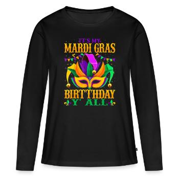 Mardi Gras Anniversaire C’est mon Mardi Gras Anniversaire Y' - T-shirt manches longues Premium bio Femme - noir - Devant - Julia (174cm)