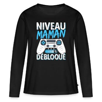 Annonce Grossesse Future Maman Niveau Mère - T-shirt manches longues Premium bio Femme - noir - Devant - Julia (174cm)