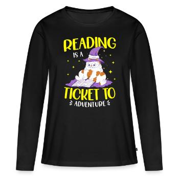 La lecture est un billet pour l’aventure - T-shirt manches longues Premium bio Femme - noir - Devant - Julia (174cm)