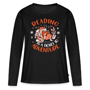 La lecture est un billet pour l’aventure - T-shirt manches longues Premium bio Femme - noir - Devant - Julia (174cm)