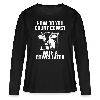 Funny Cow Design Cowculator Play on Words Farming - Women's Premium Organic Long Sleeve Shirt - black - Front - Julia (174cm)