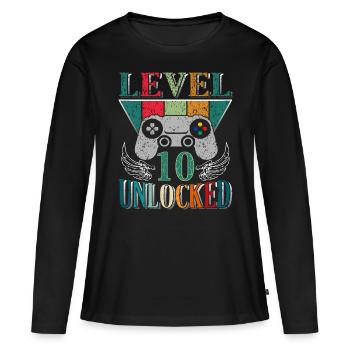Chemise déverrouillée de niveau 10 Chemise d’anniversaire - T-shirt manches longues Premium bio Femme - noir - Devant - Julia (174cm)