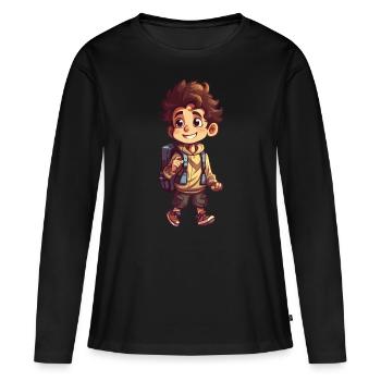 Cute first grader boy and daycare kid with backpack - Women's Premium Organic Long Sleeve Shirt - black - Front - Julia (174cm)