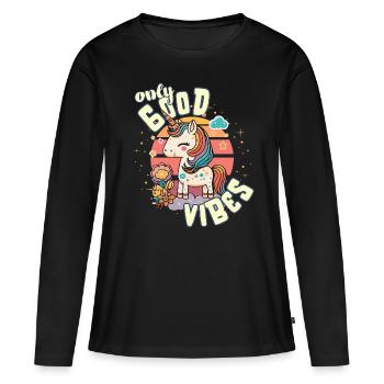 Que des bonnes vibrations : la bonne vie douce licorne magique - T-shirt manches longues Premium bio Femme - noir - Devant - Julia (174cm)