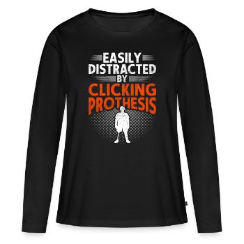 Prothèse de jambe distraite par un clic sur la prothèse - T-shirt manches longues Premium bio Femme - noir - Devant - Julia (174cm)