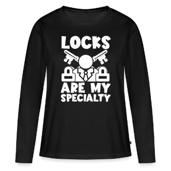 Les serrures de casier sont ma spécialité serrurier - T-shirt manches longues Premium bio Femme - noir - Devant - Julia (174cm)