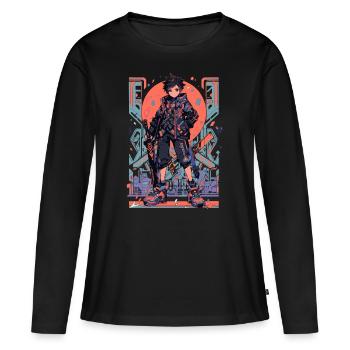 Shibuya: Cool Anime Boy avec épée japonaise - T-shirt manches longues Premium bio Femme - noir - Devant - Julia (174cm)