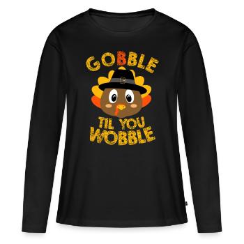 Gobble Til You Wobble - Baby-Outfit Kleinkind Danke - Frauen Premium Bio Langarmshirt - Schwarz - Vorne - Julia (174cm)
