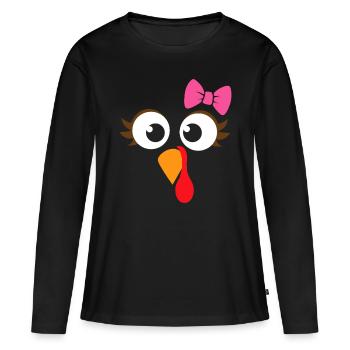 Dinde Face Fille Pink Bow | Cadeau de Thanksgiving pour enfants - T-shirt manches longues Premium bio Femme - noir - Devant - Julia (174cm)