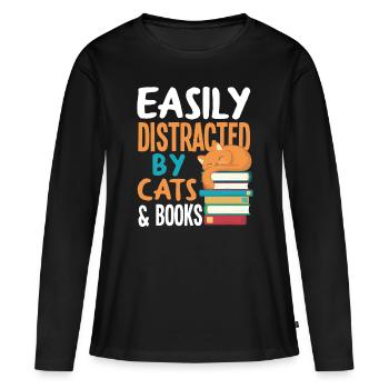 Frauen Leicht Abgelenkt Von Katzen &; Büchern Katze &; Boo - Frauen Premium Bio Langarmshirt - Schwarz - Vorne - Julia (174cm)