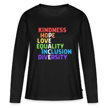 Gentillesse Paix Egalité Inclusion Diversité Humain - T-shirt manches longues Premium bio Femme - noir - Devant - Julia (174cm)