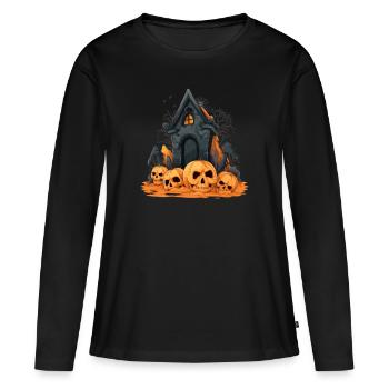Design effrayant d’Halloween: citrouilles devant la crypte - T-shirt manches longues Premium bio Femme - noir - Devant - Julia (174cm)