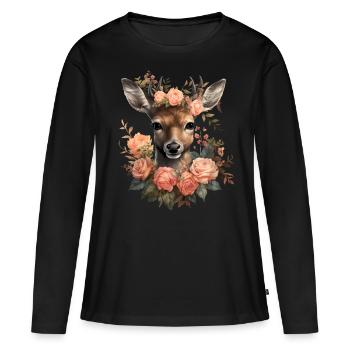 Hirsch T-Shirt Damen Trachtenshirt Trachten Tshirt - Frauen Premium Bio Langarmshirt - Schwarz - Vorne - Julia (174cm)