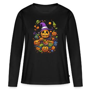 Creepy Funny Halloween Pop Art Design: Citrouille - T-shirt manches longues Premium bio Femme - noir - Devant - Julia (174cm)
