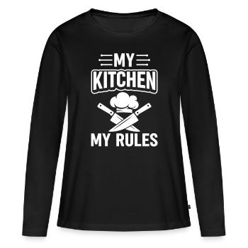 Ma cuisine Mes règles Chapeaux de cuisine et couteaux Restaur - T-shirt manches longues Premium bio Femme - noir - Devant - Julia (174cm)