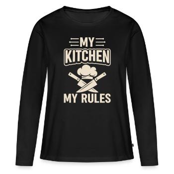 Ma cuisine Mes règles Chapeaux et couteaux de cuisine Chef Ki - T-shirt manches longues Premium bio Femme - noir - Devant - Julia (174cm)