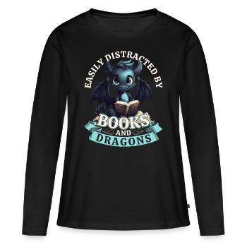 Easily Distracted By Books And Dragons: Drachen - Frauen Premium Bio Langarmshirt - Schwarz - Vorne - Julia (174cm)