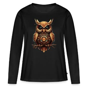 Steampunk trifft Eulenliebe: Geschenk für Eulen - Frauen Premium Bio Langarmshirt - Schwarz - Vorne - Julia (174cm)