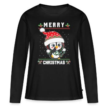 Merry Christmas Süßer Santa Pinguin Ugly Christmas - Frauen Premium Bio Langarmshirt - Schwarz - Vorne - Julia (174cm)
