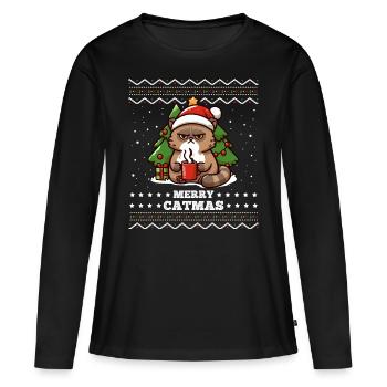 Joyeux Catmas Chat avec Chapeau de Père Noël Mignon Drôle - T-shirt manches longues Premium bio Femme - noir - Devant - Julia (174cm)