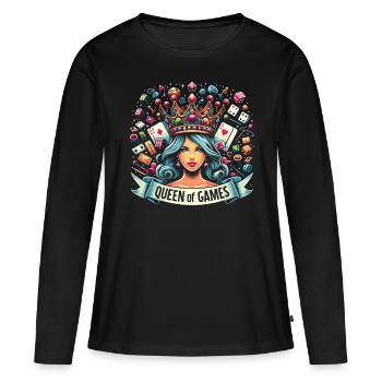 Game Queen : Couronne avec des cartes et des dés - T-shirt manches longues Premium bio Femme - noir - Devant - Julia (174cm)