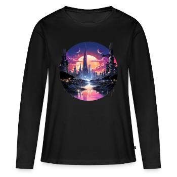 Futuristisches Cyberpunk Stadtbild, Synthwave Stil - Frauen Premium Bio Langarmshirt - Schwarz - Vorne - Julia (174cm)