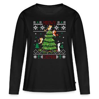 Meowy Catmas - Katze Pajamas PJ Ugly Funny Xmas - Frauen Premium Bio Langarmshirt - Schwarz - Vorne - Julia (174cm)