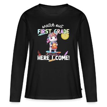 Licorne mignonne premier jour d’école école de skateboard - T-shirt manches longues Premium bio Femme - noir - Devant - Julia (174cm)