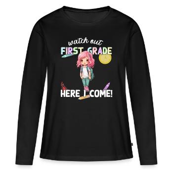 Funny Elementary School Girl School Enrollment Saying - Women's Premium Organic Long Sleeve Shirt - black - Front - Julia (174cm)
