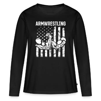 Bras de fer Bras de fer Bras de fer Bras de fer Drapeau des États-Unis - T-shirt manches longues Premium bio Femme - noir - Devant - Julia (174cm)