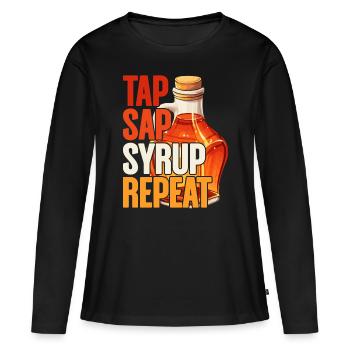 Sirop d’érable Sirop d’érable Tap Sap Syrup Répéter - T-shirt manches longues Premium bio Femme - noir - Devant - Julia (174cm)