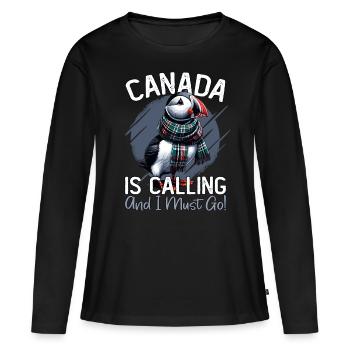 Canada, Puffins, Canada Is Calling - Women's Premium Organic Long Sleeve Shirt - black - Front - Julia (174cm)