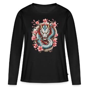 Japanischer Drache Aesthetic Streetwear Design - Frauen Premium Bio Langarmshirt - Schwarz - Vorne - Julia (174cm)