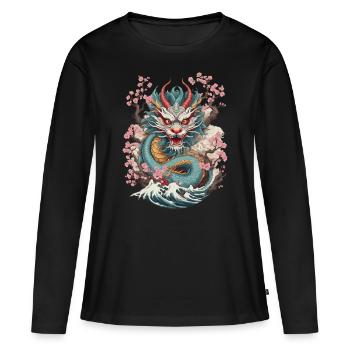 Japanischer Drache Aesthetic Streetwear Design - Frauen Premium Bio Langarmshirt - Schwarz - Vorne - Julia (174cm)