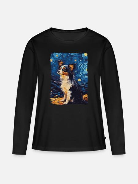 Papillon Hund Starry Night - Frauen Premium Bio Langarmshirt - Schwarz