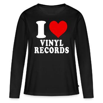 J’aime les disques vinyles coeur drôle spirituel - T-shirt manches longues Premium bio Femme - noir - Devant - Julia (174cm)