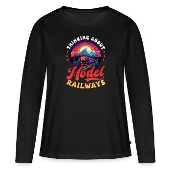 Modelleisenbahn: Modelleisenbahn denken - Frauen Premium Bio Langarmshirt - Schwarz - Vorne - Julia (174cm)