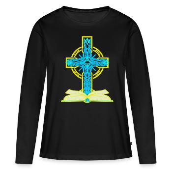 Croix Crucifix Bible Jésus Dieu Religion - T-shirt manches longues Premium bio Femme - noir - Devant - Julia (174cm)