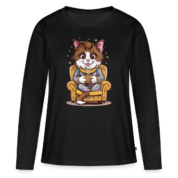 Drôle de chat en pyjama et chats tasse de café - T-shirt manches longues Premium bio Femme - noir - Devant - Julia (174cm)