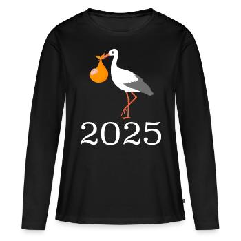 La cigogne amène le bébé, bébé arrive bientôt, maman 2025 - T-shirt manches longues Premium bio Femme - noir - Devant - Julia (174cm)