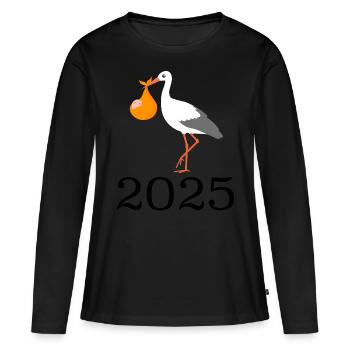 La cigogne amène le bébé, bébé arrive bientôt, maman 2025 - T-shirt manches longues Premium bio Femme - noir - Devant - Julia (174cm)