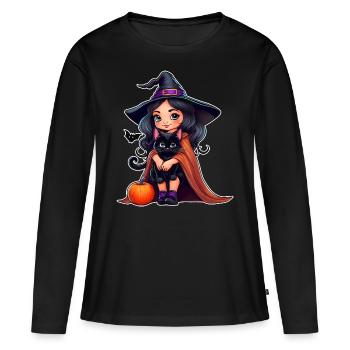 Cute witch with black cat and pumpkin - Women's Premium Organic Long Sleeve Shirt - black - Front - Julia (174cm)